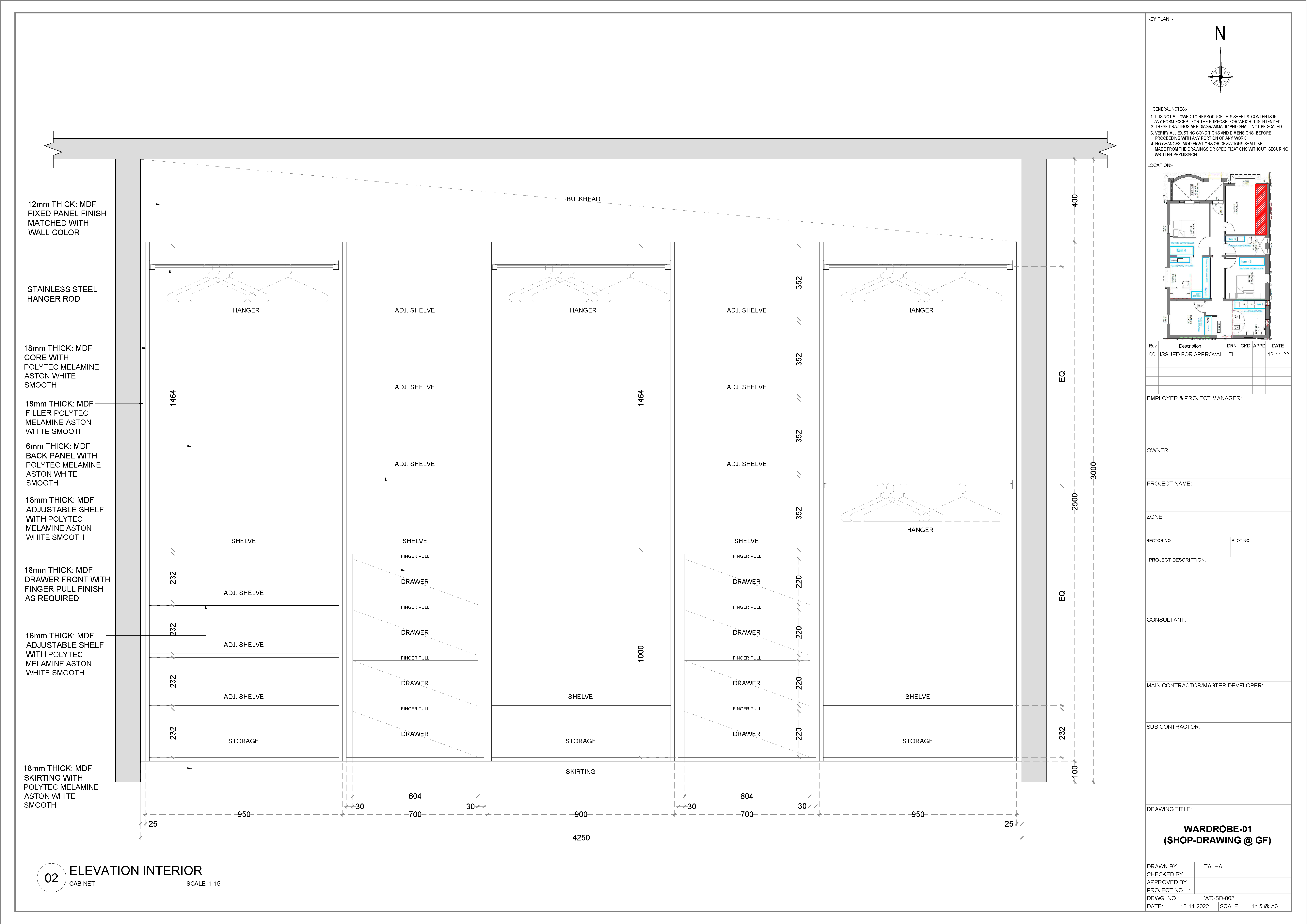 Wardrobe internal layout drawing by MID Designs